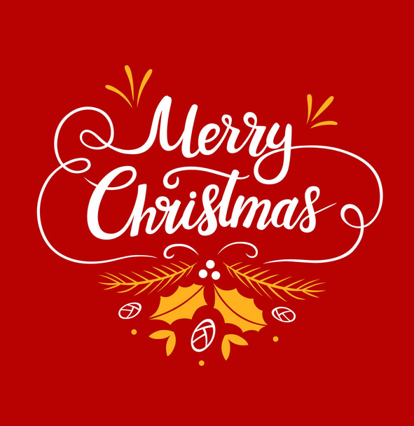 Feliz Navidad diseños de letras. Ilustraciones vectoriales en blanco y amarillo para carteles camiseta o postal sobre fondo rojo. Calligraphic hand drawn fuente
 - Vector, Imagen