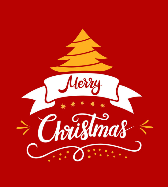 Счастливого рождественского оформления. Векторные белые и жёлтые иллюстрации со звёздами рождественского дерева на красном фоне. Каллиграфический шрифт
 - Вектор,изображение