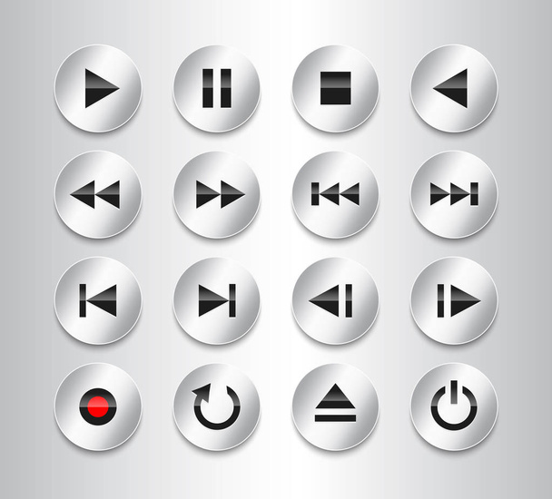Metallic gray anf black multimedia icons. Glossy circle button set. Vector illustration - ベクター画像