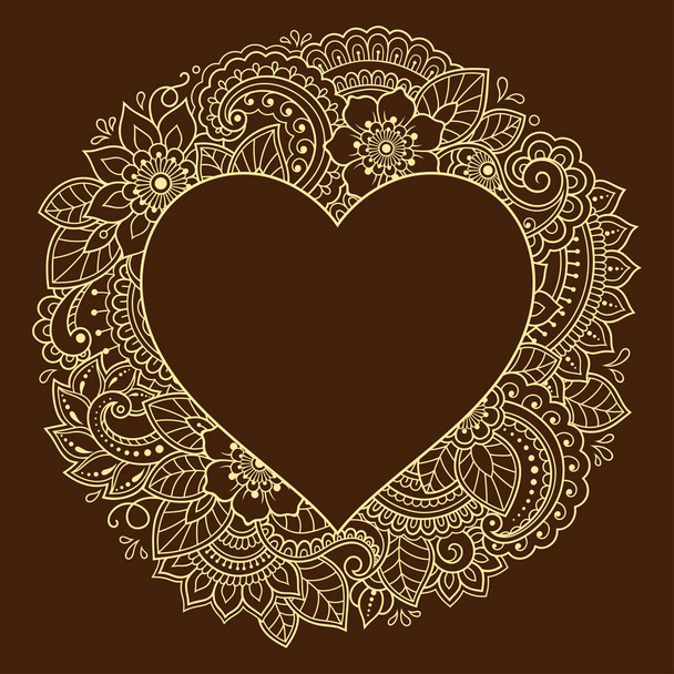 Pattern in form of heart for Henna, Mehndi, tattoo, decoration - frame. Decorative ornament in ethnic oriental style, Indian style. Coloring book page. - Vector, Image