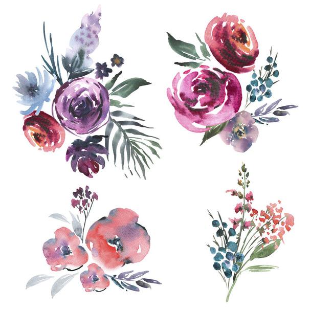 Abstract watercolor floral set of bouquets in a la prima style, red watercolor roses - flowers, twigs, leaves, buds. Hand painted vintage floral illustration isolated on white background. - Foto, Imagen