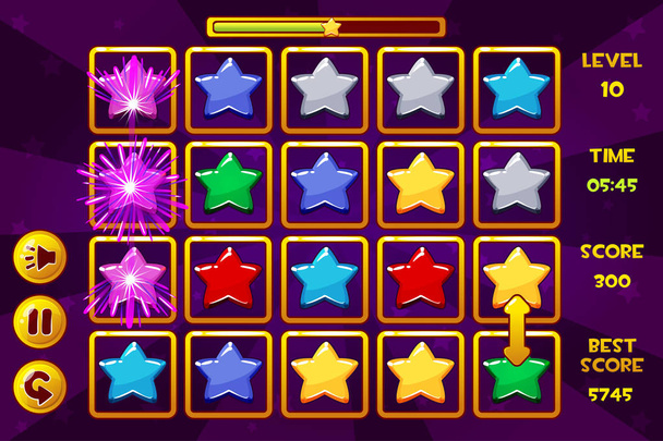 Interface STAR Match3 Games. Estrelas multicoloridas, ícones ativos do jogo e botões. Cópia similar do JPG
 - Foto, Imagem