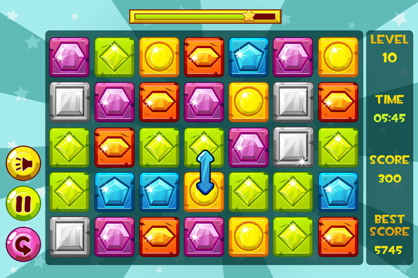 Interface GEMS Match3 Games. Multicolored precious stone, game assets icons and buttons. Similar JPG copy - Photo, Image