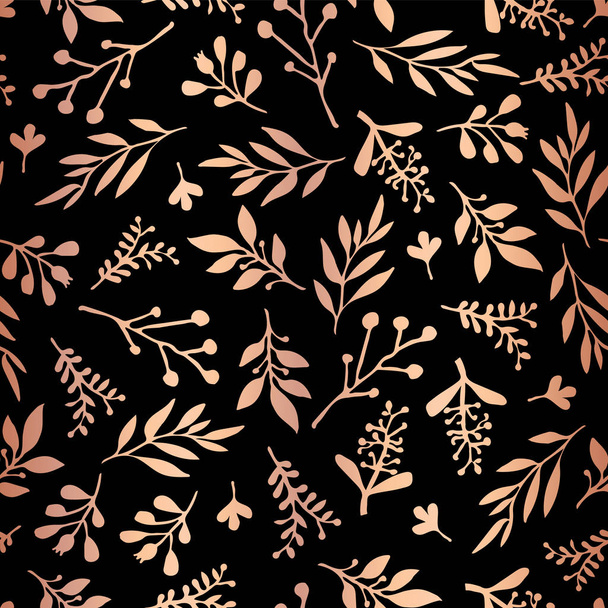 Copper rose gold foil florals on black pattern - Διάνυσμα, εικόνα