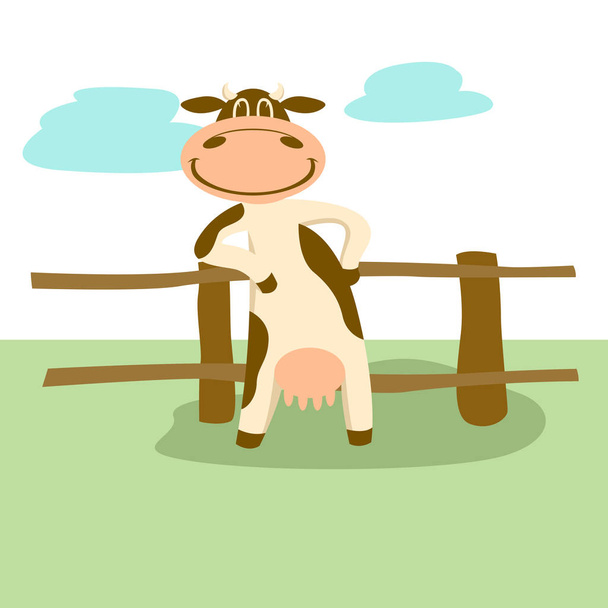  uśmiechający się krowa stojący w pobliżu ogrodzenia. kreskówka wektor  - Wektor, obraz