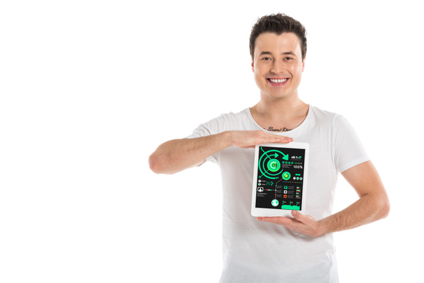 homem bonito segurando tablet digital com aplicativo de análise de marketing na tela isolado em branco
 - Foto, Imagem