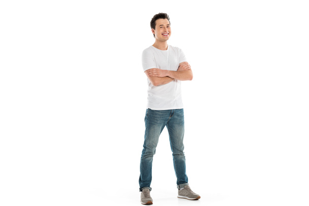 handsome happy man with crossed arms looking at camera isolated on white  - Valokuva, kuva