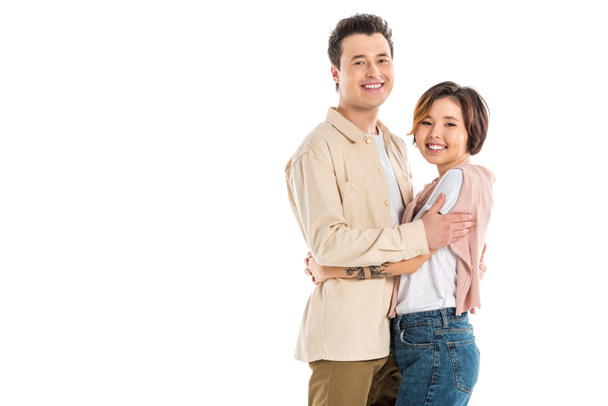 loving couple smiling, hugging and looking at camera isolated on white - Φωτογραφία, εικόνα
