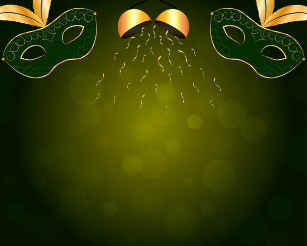 Carnival background with gilt green mask, gold confetti ball and bokeh. Vector eps 10. - Vector, Image