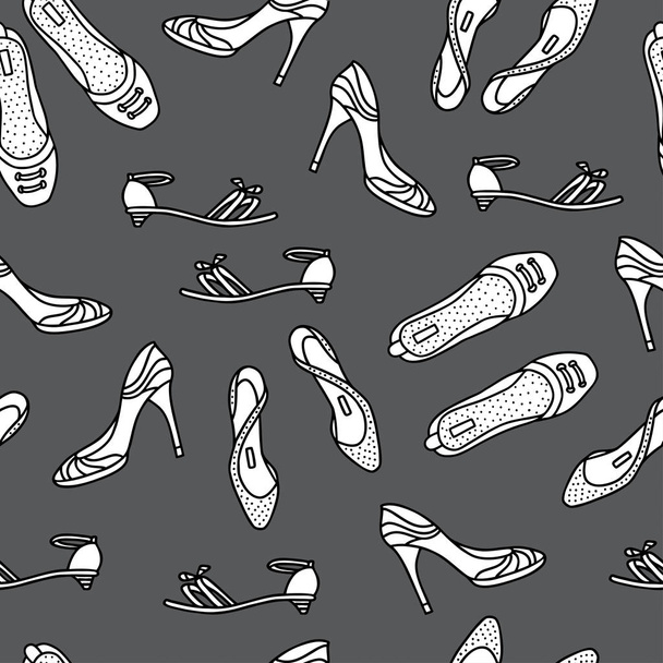 Hand drawn shoes for girl and woman. Seamless pattern vector illustration on grey background, can be used for wrapping paper, decorate a shoe store - Vector, Imagen
