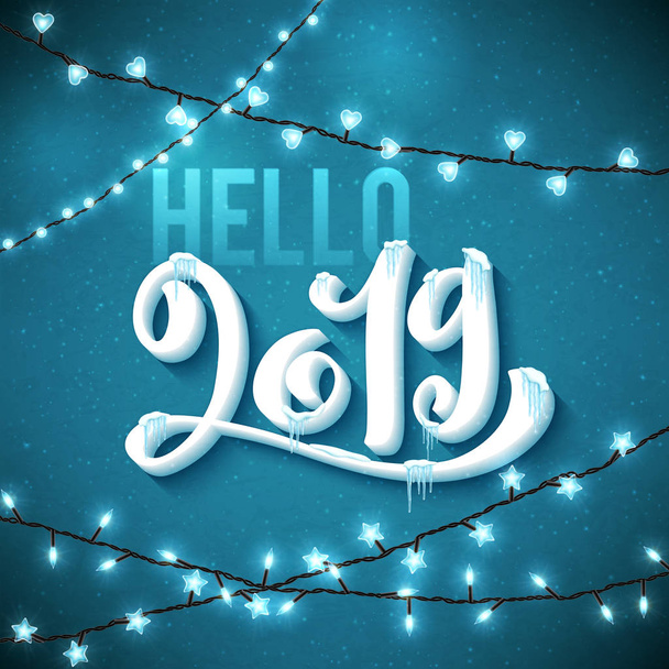 Bonjour Happy New Year 2019 affiche avec des glaçons réalistes et des lumières scintillantes de Noël. Vecteur
 - Vecteur, image