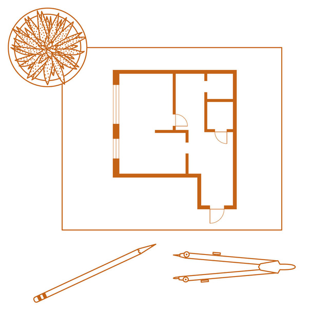 Ilustración vectorial con plano de apartamento, brújula, lápiz, cactus. Proyecto de arquitectura
. - Vector, imagen
