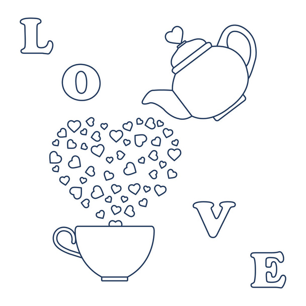 Vector illustration with kettle, cup of tea, hearts. Happy Valentine's Day. Design for party card, banner, poster or print. - Вектор, зображення
