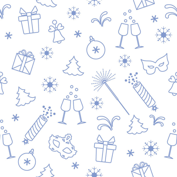 Seamless pattern with new year symbols. Gifts, firecrackers, fireworks, bead, glasses with champagne, bell, christmas tree, mask, calendar, stars, snowflakes. - Vektor, obrázek