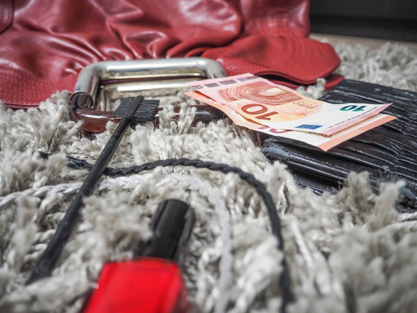 Contents of a female handbag such as wallet with money and red nail polish on a grey plush carpet - Photo, Image