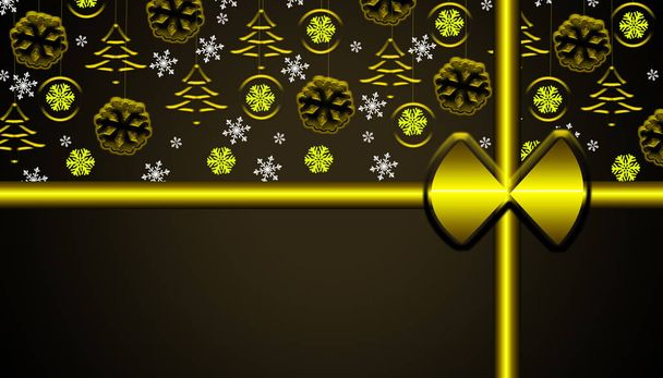 Caja de regalo de Navidad marrón que mira el fondo con adornos colgantes dorados y copos de nieve que cuelgan de la parte superior - Foto, imagen
