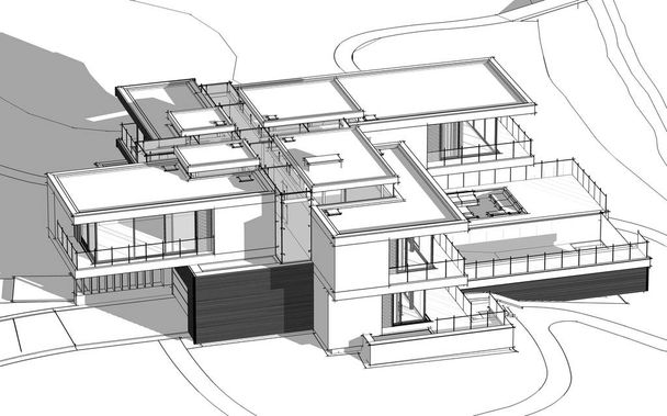 3D vykreslování náčrt moderní útulný dům u řeky s garáží na prodej nebo k pronájmu. Černá čára skici s měkké světlo stíny na bílém pozadí. - Fotografie, Obrázek