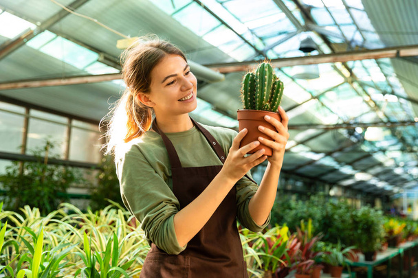 Attractive cute woman gardener holding plant cactus standing near flowers in greenhouse - Fotó, kép