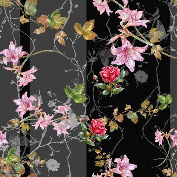 Akwarela malowanie liści i kwiatów, bezszwowy wzór na ciemnym tle - Zdjęcie, obraz