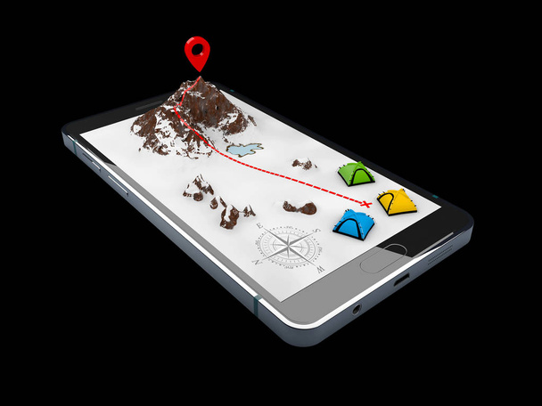 3D ilustrace smartphone s mobilní navigační aplikace na obrazovce. Mapa trasy se symboly. - Fotografie, Obrázek