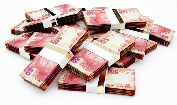 Una pila de paquetes aleatoriamente dispersos de billetes de rand sudafricanos sobre un fondo aislado - 3D render
 - Foto, imagen