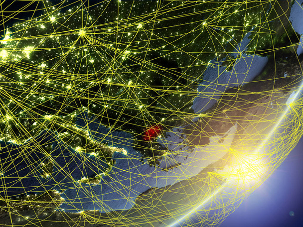 Macedonië op het model van de planeet aarde met netwerk tijdens zonsopgang. Concept van de nieuwe technologie, communicatie en reizen. 3D illustratie. Elementen van dit beeld ingericht door Nasa. - Foto, afbeelding