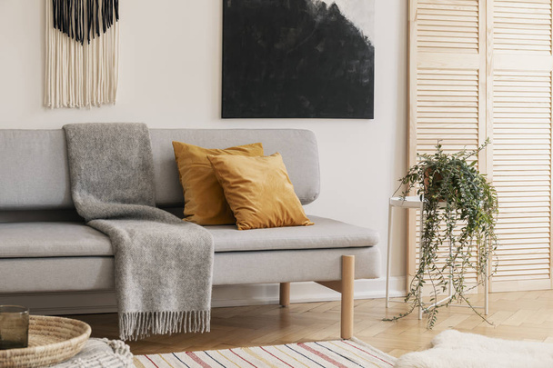 Коричневі подушки та сіра ковдра на дивані в інтер'єрі вітальні з рослиною та плакатом. Справжня фотографія
 - Фото, зображення