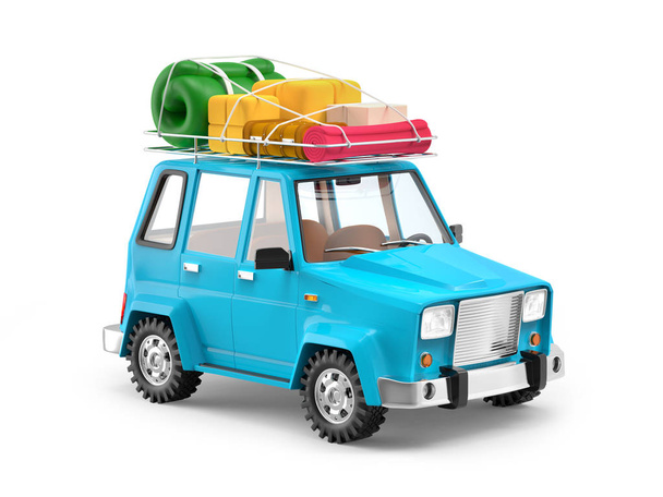 Small 3d blue SUV adventure with luggage on roof. 3d illustration - Φωτογραφία, εικόνα