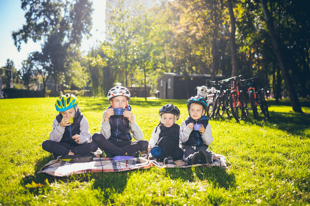 Thema actieve familievakanties natuur. groep mensen kleine kinderen drie broers en zus zitten op een deken in de buurt van fietsen in park groen gras gazon rust en drinken drinken uit kopjes en thermosthee. - Foto, afbeelding