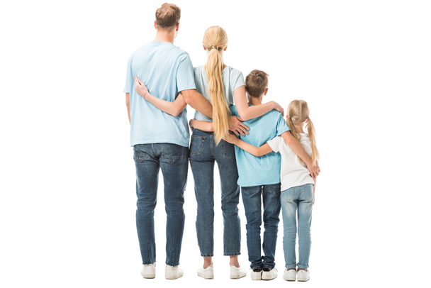 Back view of family standing and hugging isolated on white - Photo, Image