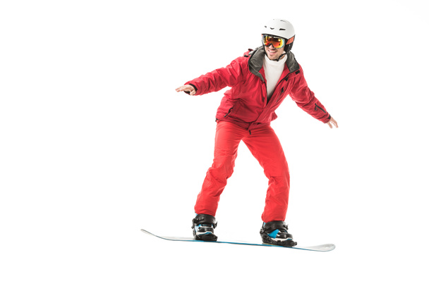 aikuinen mies punaisessa hiihtopuvussa lumilautailu eristetty valkoinen
 - Valokuva, kuva