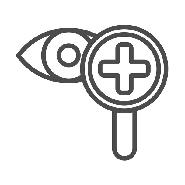 Lupe und Augenkontur-Symbol. Lineares Stilschild für mobiles Konzept und Webdesign. Optometrist einfache Linienvektorsymbol. Symbol, Logoabbildung. Pixel perfekt - Vektor, Bild