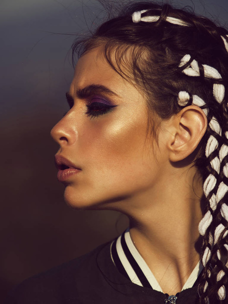 fashion woman with sexy lips, makeup and long braids - Zdjęcie, obraz