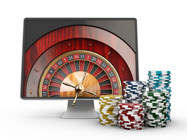 3d illustration of Monitor with casino roulette wheel on screen. Gambling app concepts, isolated white. - Photo, Image