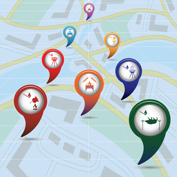 Το σύνολο των τουριστικών υπηρεσιών χάρτη δείκτες στο χάρτη. Εικονογράφηση διάνυσμα - Διάνυσμα, εικόνα