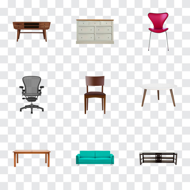 Set di simboli realistici di design con posti a sedere, sedia da ufficio, tavolo e altre icone per il design del logo dell'app mobile web
. - Vettoriali, immagini