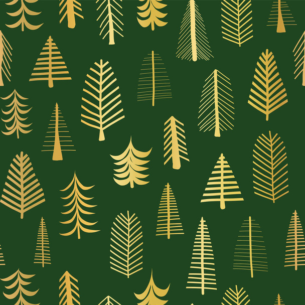 Χρυσοτυπία doodle χριστουγεννιάτικα δέντρα απρόσκοπτη διάνυσμα μοτίβο σκηνικό. Μεταλλική γυαλιστερή χρυσών δέντρων σε πράσινο φόντο. Κομψή σχεδίαση για Χριστούγεννα, Πρωτοχρονιά, συσκευασία δώρου, πρόσκληση σε πάρτι, κάρτες, pagefill - Διάνυσμα, εικόνα