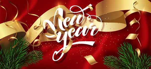 Happy New Year winter holiday greeting card design template. Calligraphic New year Lettering Decorated. Party poster, banner for invitation gold glitter stars confetti glitter decoration. Vector. - Vector, afbeelding