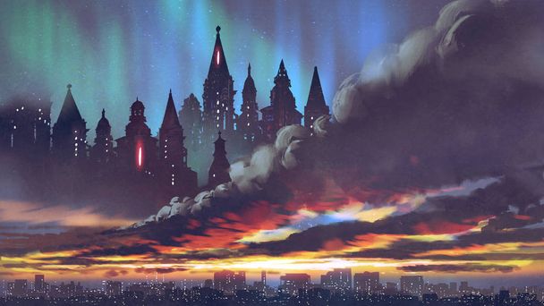 Sonnenuntergangslandschaft der dunklen Burgen auf schwarzen Wolken über der Stadt, digitaler Kunststil, Illustrationsmalerei - Foto, Bild