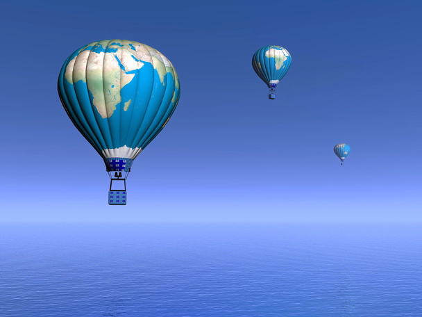 αερόστατα θερμού αέρα με γη χάρτη - 3d καθιστούν - Φωτογραφία, εικόνα