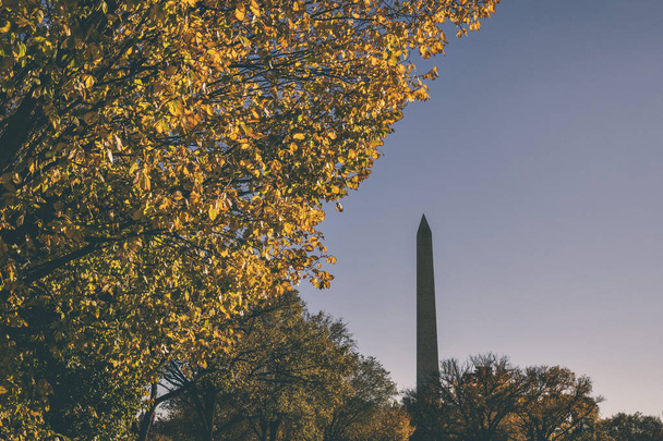 Vista de Washington Monumento com folhagem de Outono e céu azul
  - Foto, Imagem