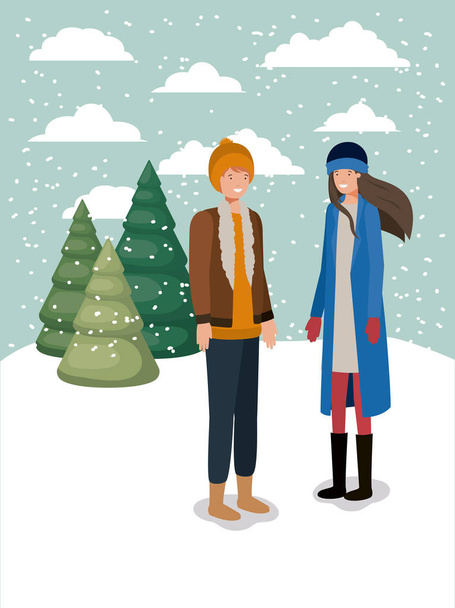 Paar in Schneelandschaft mit Winterkleidung - Vektor, Bild
