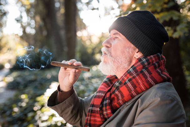 Nice aged man smoking a Cuban cigar - Zdjęcie, obraz