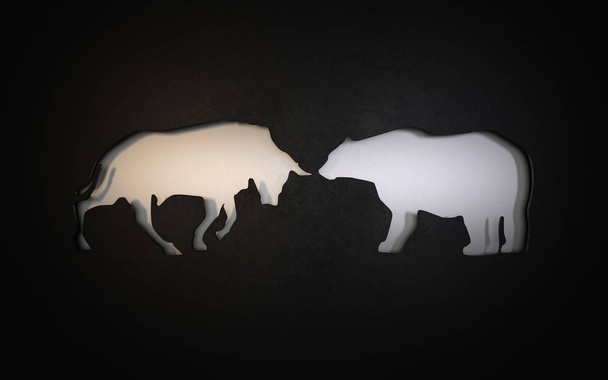 the figures of a bull and bear which are cut out from various materials. 3D rendering - Photo, Image