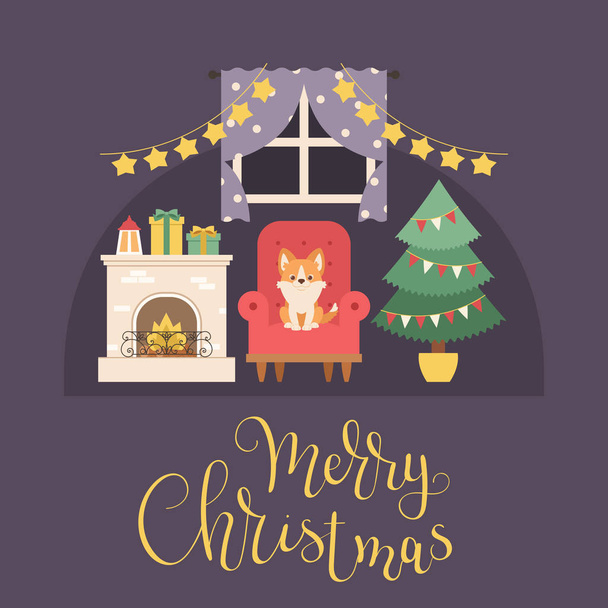 Joulun sisustus takka, joulukuusi, lahjat ja koristeet. Hyvää joulua käsiala. Vektoriesimerkki
 - Vektori, kuva