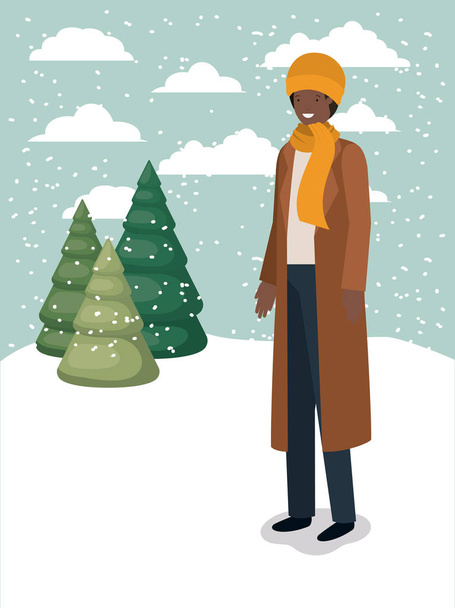 Schwarzer Mann in Schneelandschaft mit Winterkleidung - Vektor, Bild
