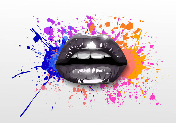 Glossy black lips in splashes of paints isolated on grey - Vector, Image
