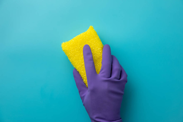 cleaning on blue background. Cleaning or housekeeping concept background. Flat lay, Top view. - Foto, afbeelding