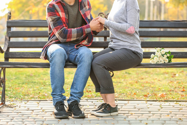 Loving young couple holding hands while sitting on wooden bench outdoors - Foto, Imagen