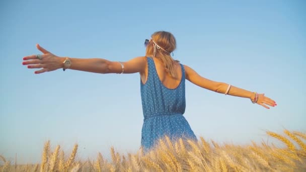 Mujer disfrutando del tiempo en el campo de trigo maduro
 - Metraje, vídeo